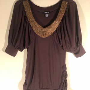 Brown blouse w/ beaded neckline